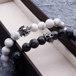 Bracelet En Perles Fait Main, Corde Extensible, Turquoise Blanche, Titane, Tête De Mort
