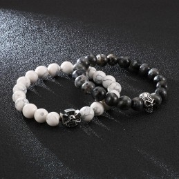 Bracelet En Perles Fait Main, Corde Extensible, Turquoise Blanche, Titane, Tête De Mort