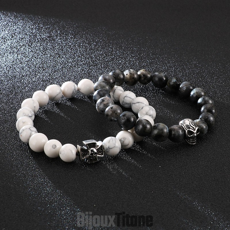 Bracelet En Perles Fait Main, Corde Extensible, Turquoise Blanche, Titane, Tête De Mort Bracelet En Perles Fait Main, Corde Extensible, Turquoise Blanche, Titane, Tête De Mort