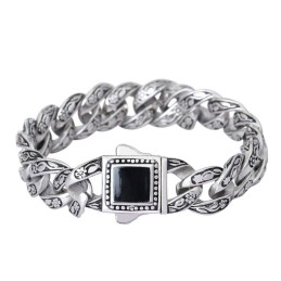 Bracelet Vintage Rosette Pour Homme En Titane Avec Pierres Noires