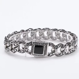 Bracelet Vintage Rosette Pour Homme En Titane Avec Pierres Noires