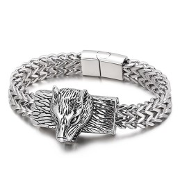 Bracelet En Titane Pour Homme Avec Chaîne Tissée À Double Rangée De Têtes De Loup Style Hip-Hop