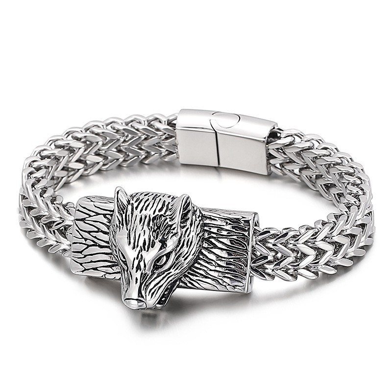 Bracelet En Titane Pour Homme Avec Chaîne Tissée À Double Rangée De Têtes De Loup Style Hip-Hop Bracelet En Titane Pour Homme Avec Chaîne Tissée À Double Rangée De Têtes De Loup Style Hip-Hop