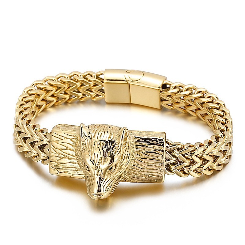 Bracelet En Titane Pour Homme Avec Chaîne Tissée À Double Rangée De Têtes De Loup Style Hip-Hop