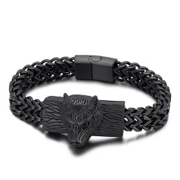 Bracelet En Titane Pour Homme Avec Chaîne Tissée À Double Rangée De Têtes De Loup Style Hip-Hop