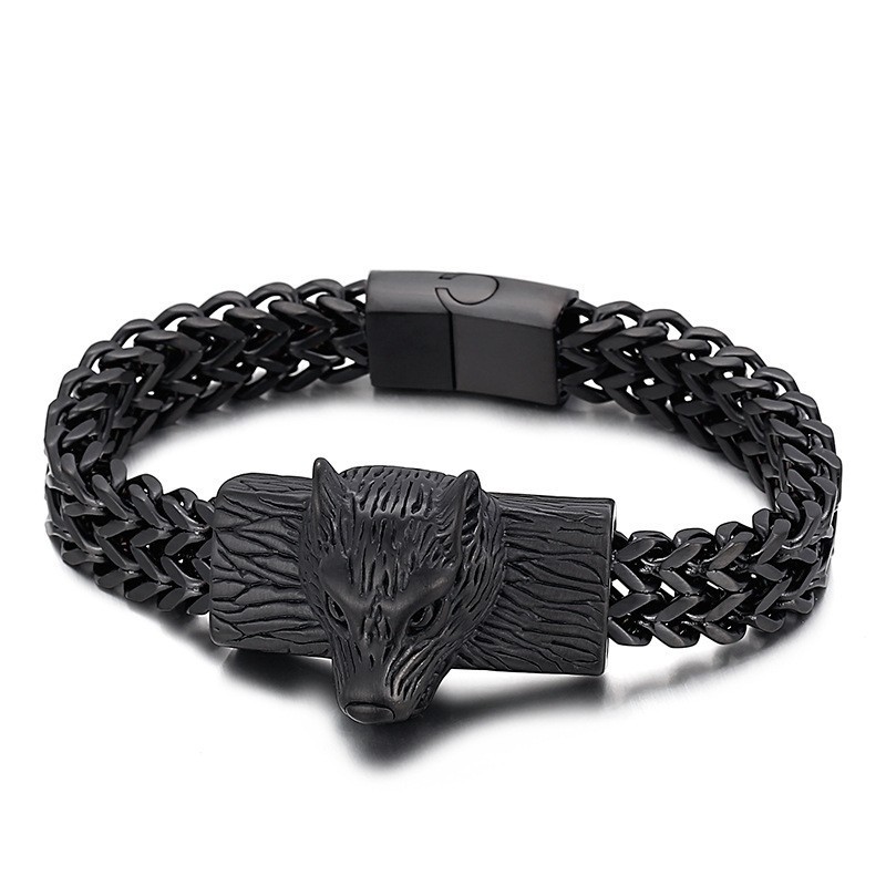 Bracelet En Titane Pour Homme Avec Chaîne Tissée À Double Rangée De Têtes De Loup Style Hip-Hop Bracelet En Titane Pour Homme Avec Chaîne Tissée À Double Rangée De Têtes De Loup Style Hip-Hop
