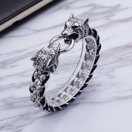 Bracelet En Titane Avec Fermoir À Double Tête De Loup Pour Homme