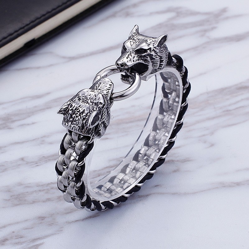 Bracelet En Titane Avec Fermoir À Double Tête De Loup Pour Homme