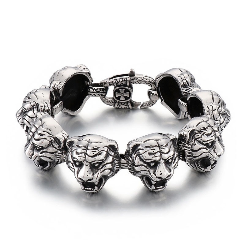 Bracelet Tendance En Titane Avec Tête De Tigre Et Croix Et Fermoir À Fleur Pour Homme