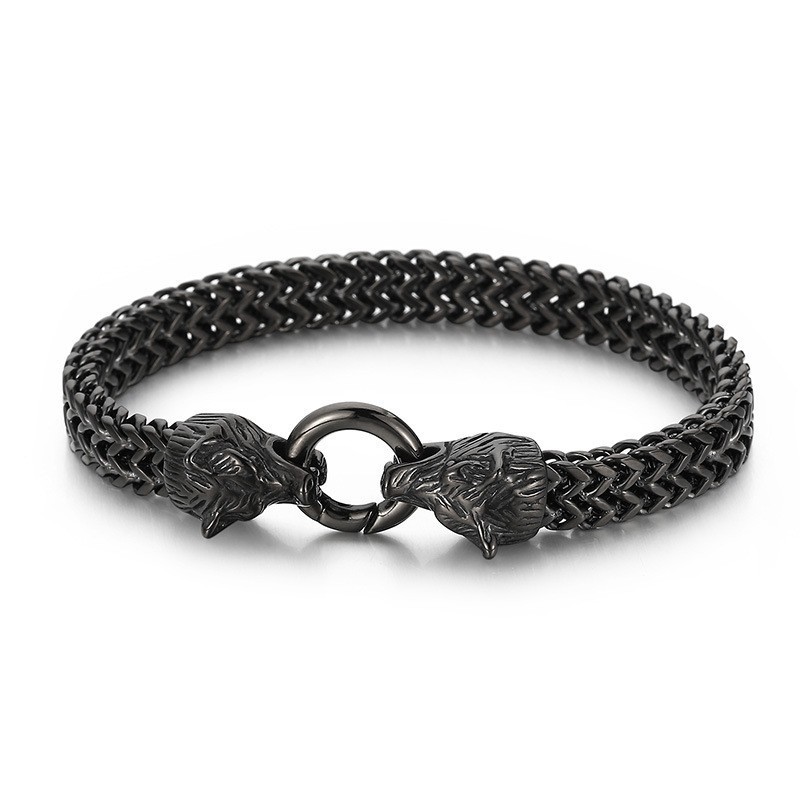 Bracelet En Titane À Double Tête De Loup Style Rock Hip-Hop Pour Homme