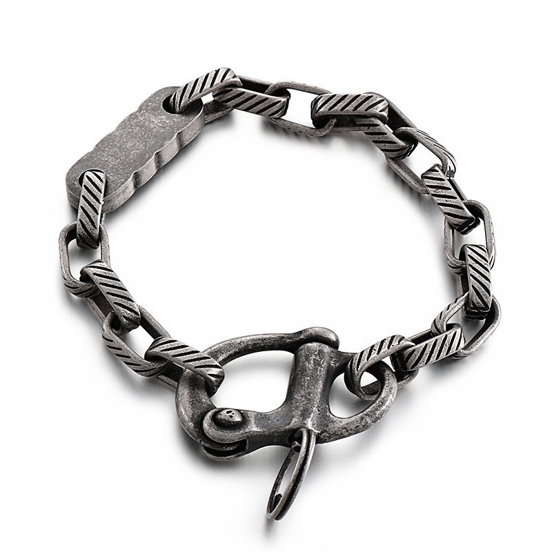 Bracelet En Titane Pour Homme Avec Porte-Clés Vintage À Rayures Noires Carrées