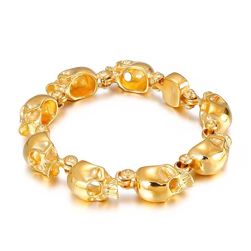 Bracelet En Titane Doré Avec Tête De Mort Pour Homme, Style Chic