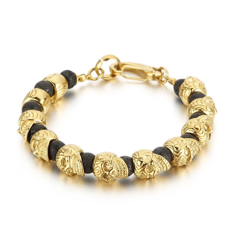 Bracelet Tête De Mort En Titane Pour Homme, Bracelet Œil De Tigre En Pierre Volcanique Bracelet Tête De Mort En Titane Pour Homme, Bracelet Œil De Tigre En Pierre Volcanique