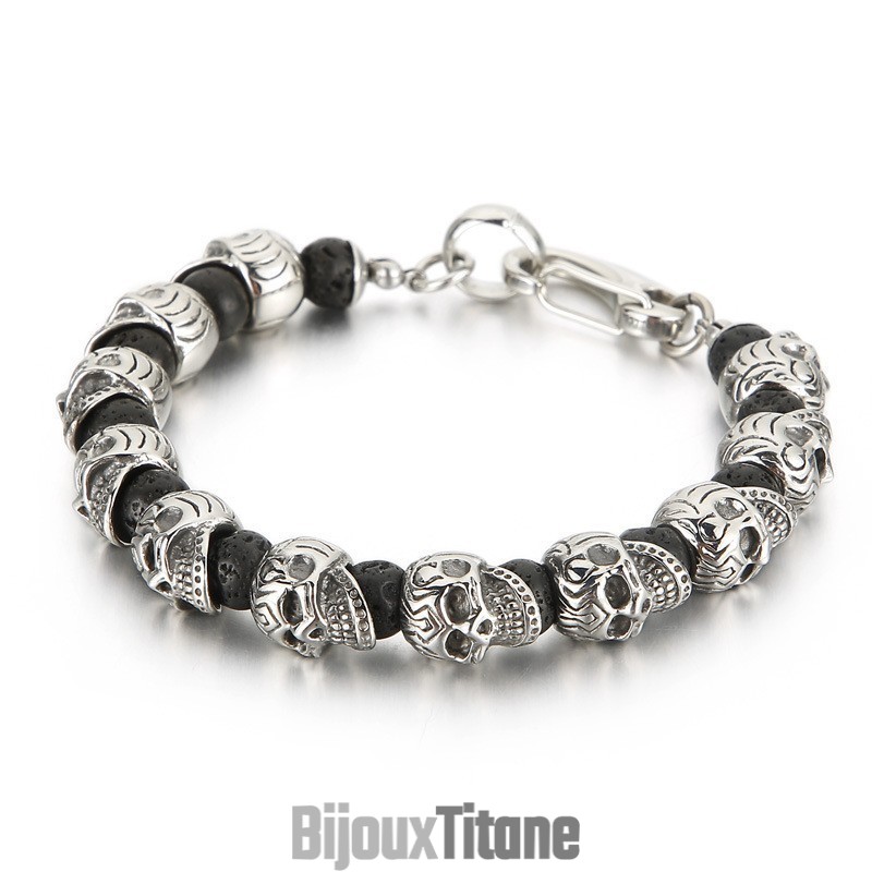 Bracelet Tête De Mort En Titane Et Pierre Volcanique Œil De Tigre Pour Homme Bracelet Tête De Mort En Titane Et Pierre Volcanique Œil De Tigre Pour Homme