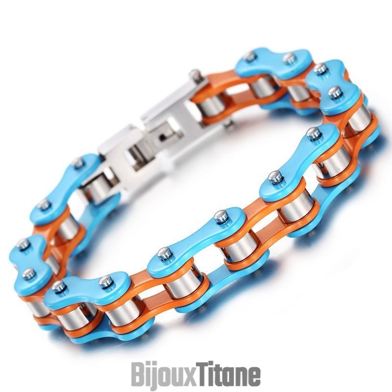 Bracelet Motard Simple En Titane Bleu-Orange Peint Pour Homme