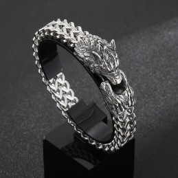 Bracelet En Titane Double Moulage Avec Tête De Loup Pour Homme
