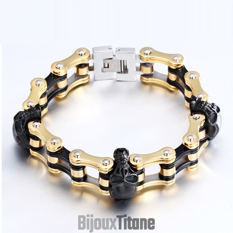 Bracelet Motard Homme En Titane Galvanisé Style Rock Hip-Hop Avec Tête De Mort Bicolore Bracelet Motard Homme En Titane Galvanisé Style Rock Hip-Hop Avec Tête De Mort Bicolore