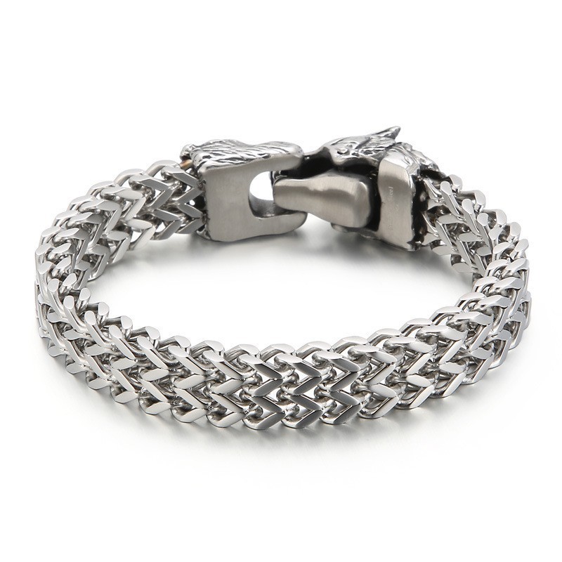 Bracelet En Titane Double Moulage Avec Tête De Loup Pour Homme