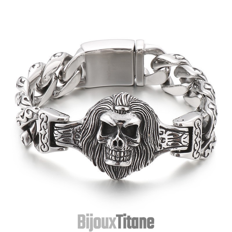Bracelet En Titane Avec Tête De Mort Et Fleur Pour Homme