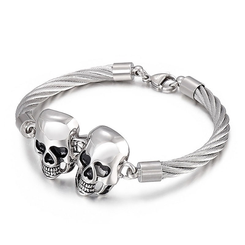 Bracelet En Titane Pour Homme Avec Double Tête De Mort