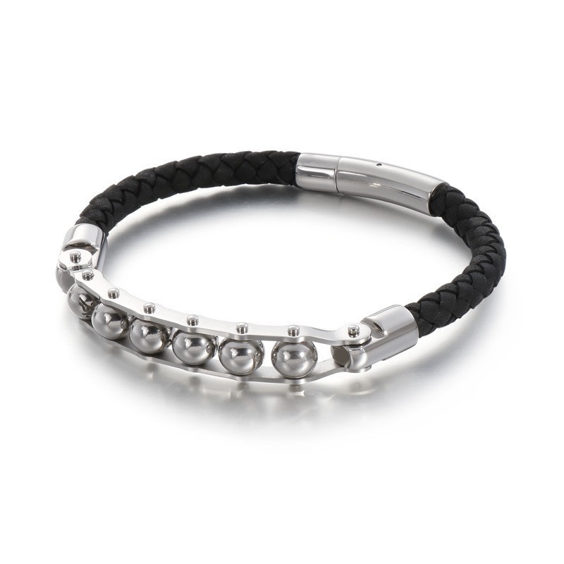 Bracelets En Cuir Tressé Pour Hommes Avec Perles Rondes Tendance