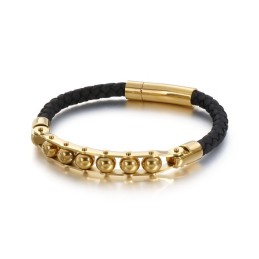 Bracelet En Cuir Tressé Pour Homme Avec Perles Rondes Tendance
