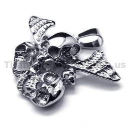 Pendentif En Titane Pur À Trois Têtes De Mort Avec Ailes - Chaîne Offerte