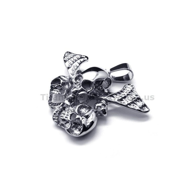 Pendentif En Titane Pur À Trois Têtes De Mort Avec Ailes - Chaîne Offerte