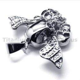 Pendentif En Titane Pur À Trois Têtes De Mort Avec Ailes - Chaîne Offerte