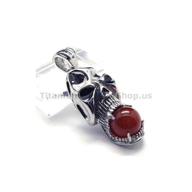 Pendentif Tête De Mort En Titane Pur Avec Boule En Rubis - Chaîne Offerte Pendentif Tête De Mort En Titane Pur Avec Boule En Rubis - Chaîne Offerte