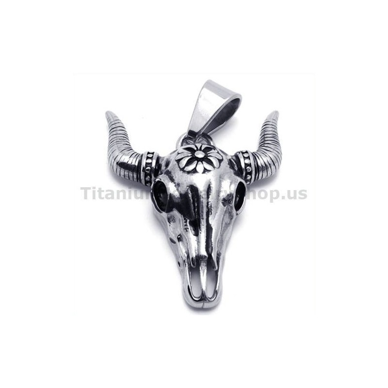 Pendentif Vintage En Titane Avec Tête De Mort De Buffle Amérindienne - Chaîne Offerte Pendentif Vintage En Titane Avec Tête De Mort De Buffle Amérindienne - Chaîne Offerte