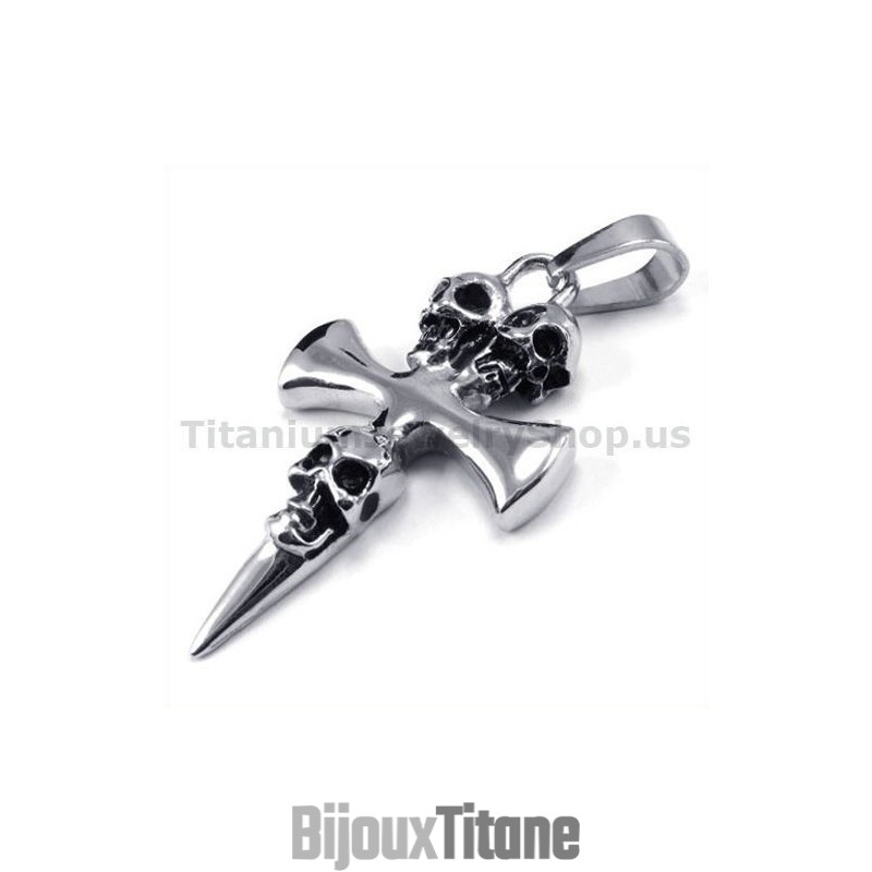 Pendentif Croix En Titane Pur Avec Motif Tête De Mort - Chaîne Offerte