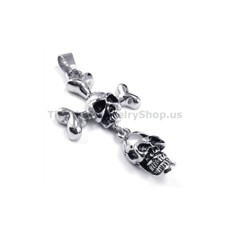 Pendentif Croix En Titane À Deux Têtes De Mort - Chaîne Offerte Pendentif Croix En Titane À Deux Têtes De Mort - Chaîne Offerte