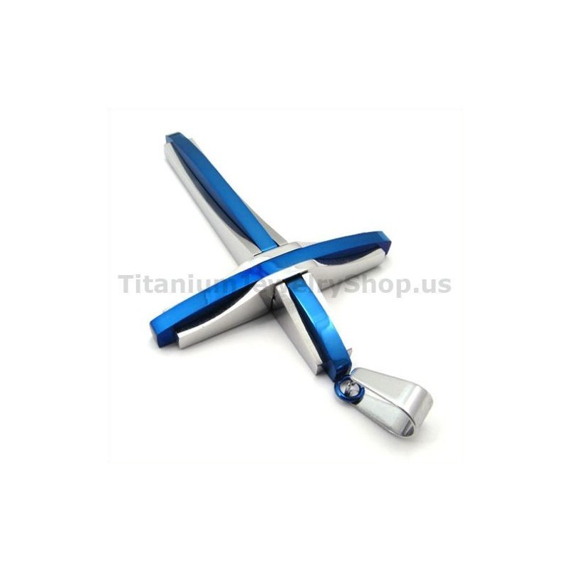 Pendentif Croix En Titane Bleu - Chaîne Offerte