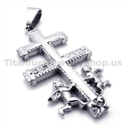 Pendentif Croix Caravaca En Titane Avec Deux Anges - Chaîne Offerte