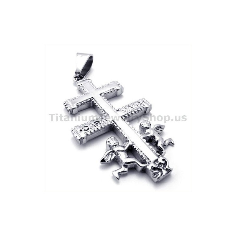 Pendentif Croix Caravaca En Titane Avec Deux Anges - Chaîne Offerte Pendentif Croix Caravaca En Titane Avec Deux Anges - Chaîne Offerte