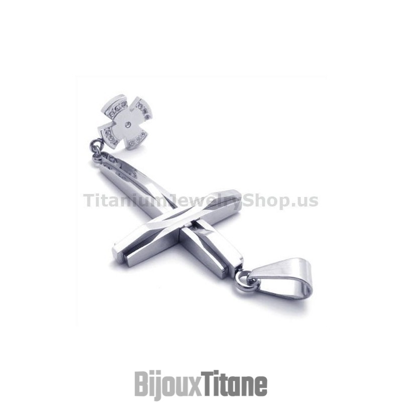 Pendentif Croix En Argent Et Titane Avec Diamants - Chaîne Offerte Pendentif Croix En Argent Et Titane Avec Diamants - Chaîne Offerte