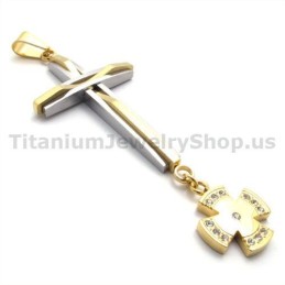 Pendentif Croix En Titane Doré Avec Diamants - Chaîne Offerte