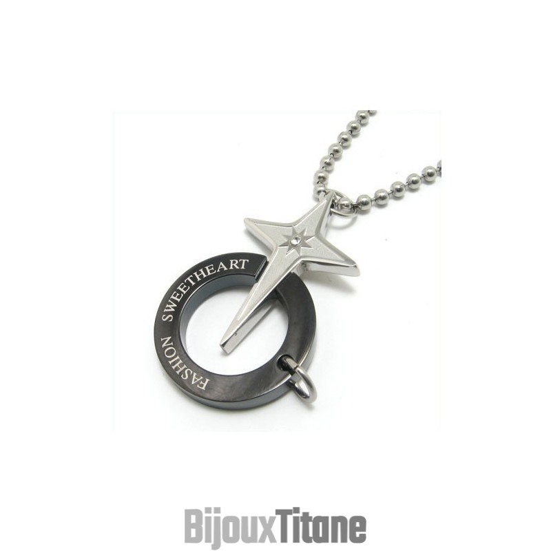 Collier Pendentif En Titane Avec Anneau Noir Et Étoile