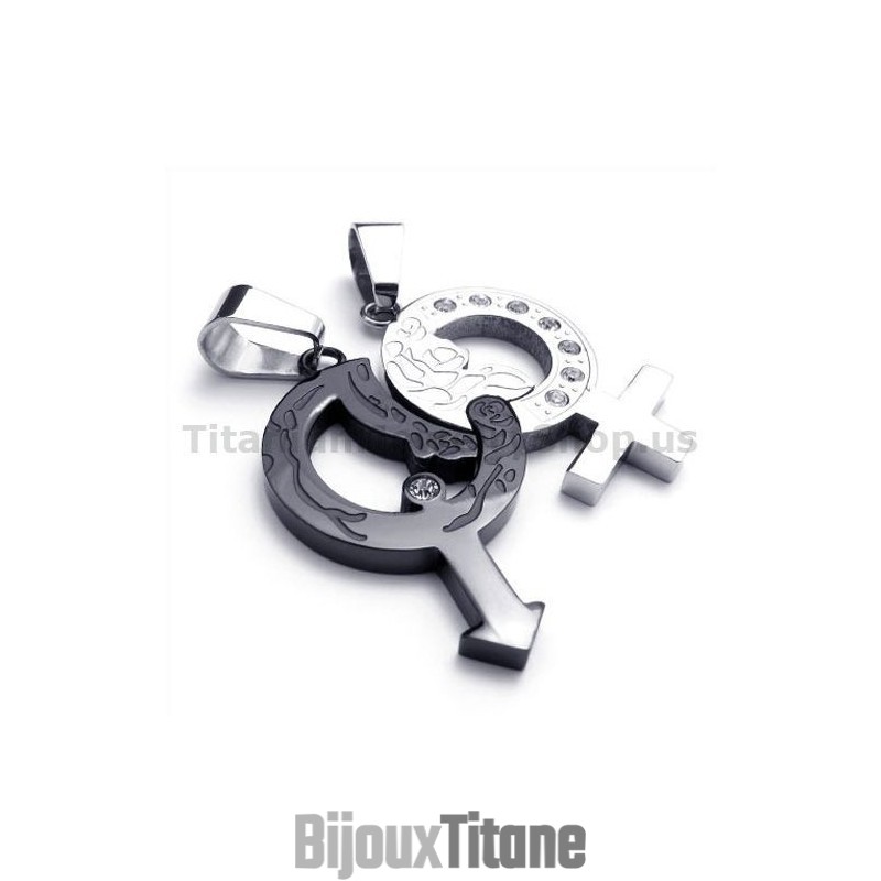 Pendentifs Amoureux En Titane Noir Avec Chaînes Sans Diamants
