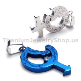 Pendentifs Amoureux En Titane Bleu Avec Chaînes Sans Diamants