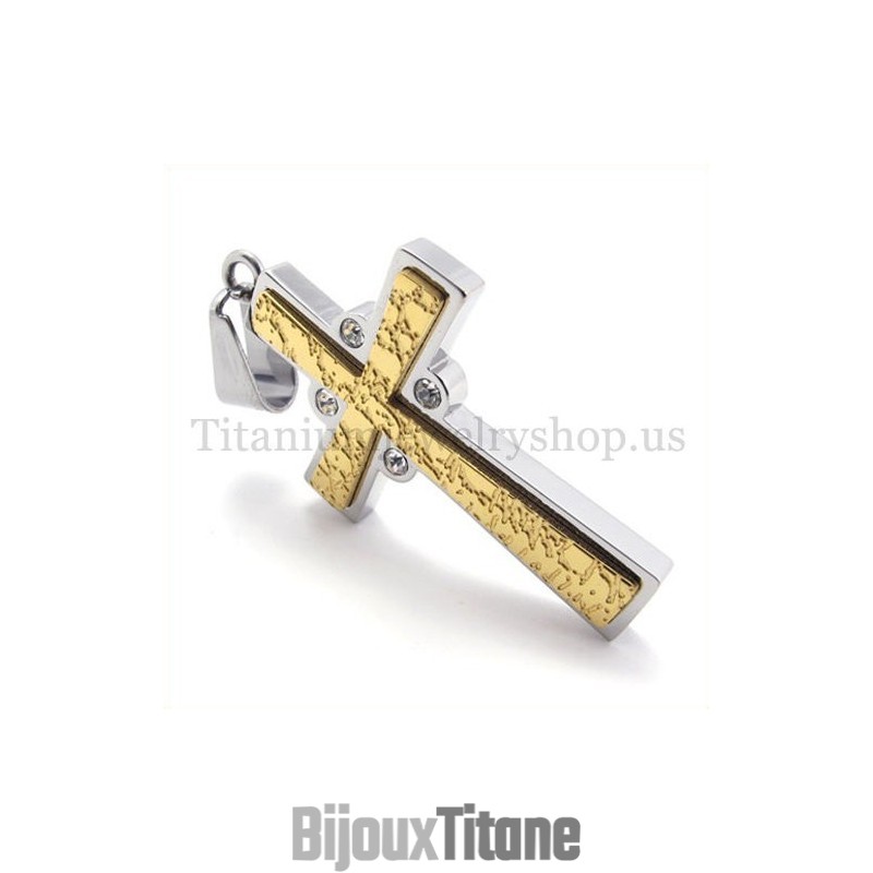 Pendentif Croix En Titane À Deux Couches En Or Avec Diamants