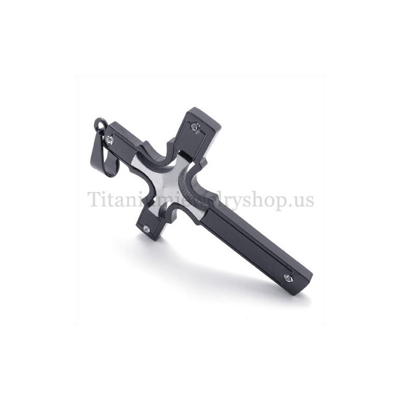 Pendentif Croix En Titane Noir Avec Petite Croix En Argent Incrustée Pendentif Croix En Titane Noir Avec Petite Croix En Argent Incrustée