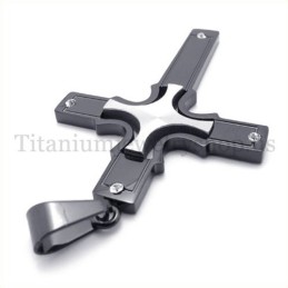 Pendentif Croix En Titane Noir Avec Petite Croix En Argent Incrustée