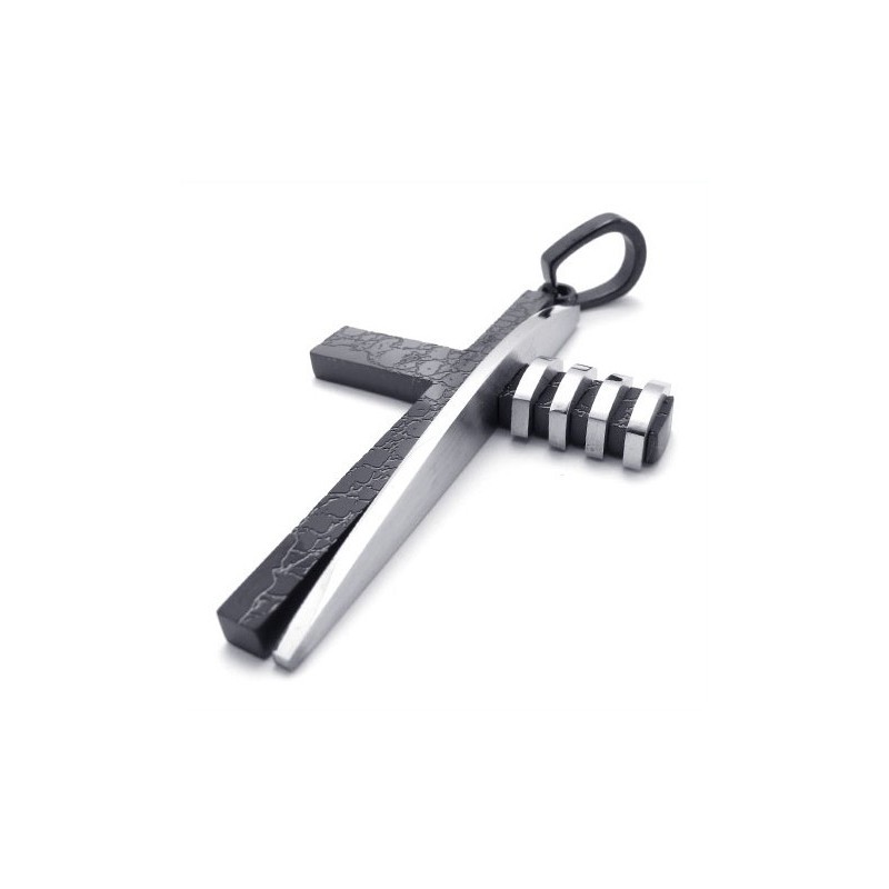 Pendentif Croix Asymétrique En Titane Noir Et Argent Pour Homme