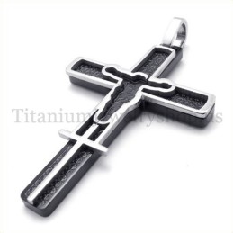Pendentif Croix En Titane Sculpté Noir Avec Motif Jésus