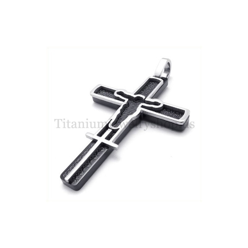 Pendentif Croix En Titane Sculpté Noir Avec Motif Jésus