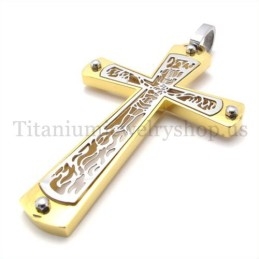 Pendentif Croix En Titane À Motif De Croix Creuse Incrusté D'Or