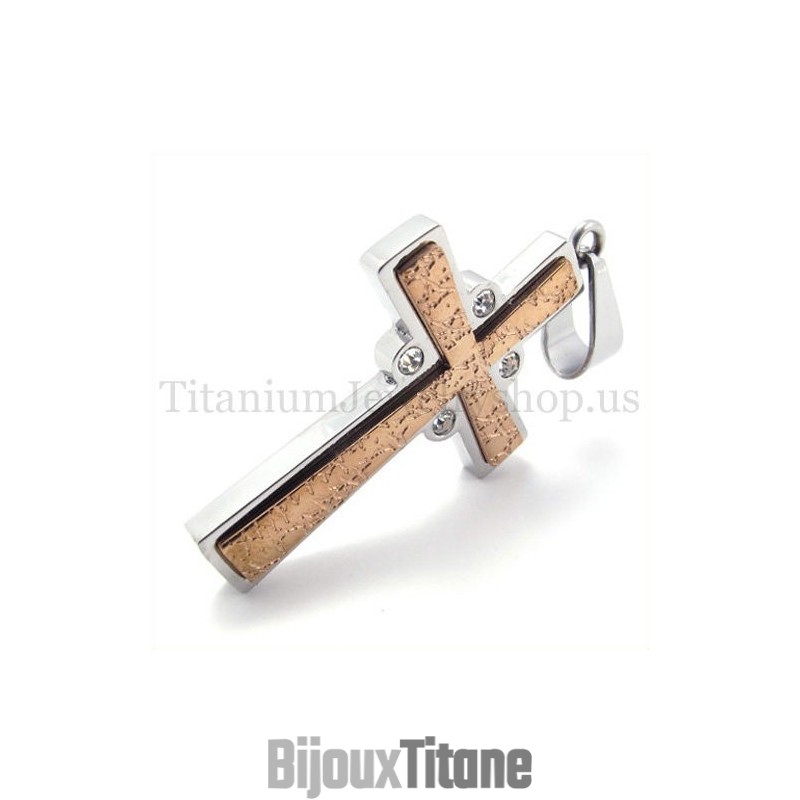 Pendentif Croix En Titane Doré À Deux Couches, Tendance Café Pendentif Croix En Titane Doré À Deux Couches, Tendance Café