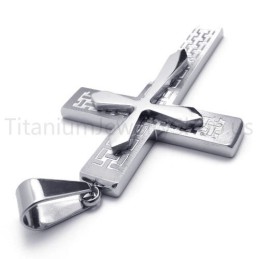 Nouveau Pendentif Croix Argentée En Titane À Deux Couches
